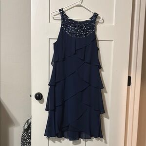 Navy Blue Layered Dress with Beaded Neckline